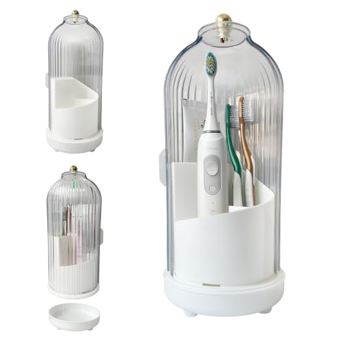 Dustproof Toothbrush Holders with Cover, Rotating Drainage Electric Toothbrush Organizer for Bathroom, 3 Slots Makeup Brush Holder with Sliding Lid for Vanity (Pure White) - color: Pure White