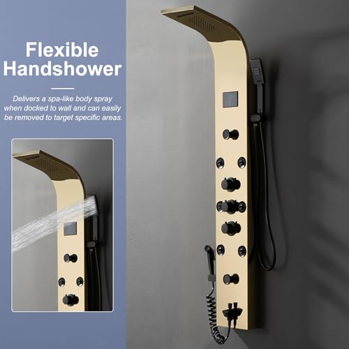 BWE Shower Panel Tower 304 Stainless Steel with 6 Body Jets and 2 Mist Sprays Polished Gold Rainfall Shower and Handheld Shower Shower System with Temperature Digital Display - color: Gold