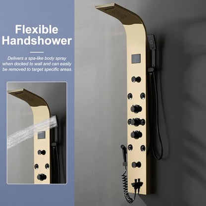 BWE Shower Panel Tower 304 Stainless Steel with 6 Body Jets and 2 Mist Sprays Polished Gold Rainfall Shower and Handheld Shower Shower System with Temperature Digital Display - color: Gold