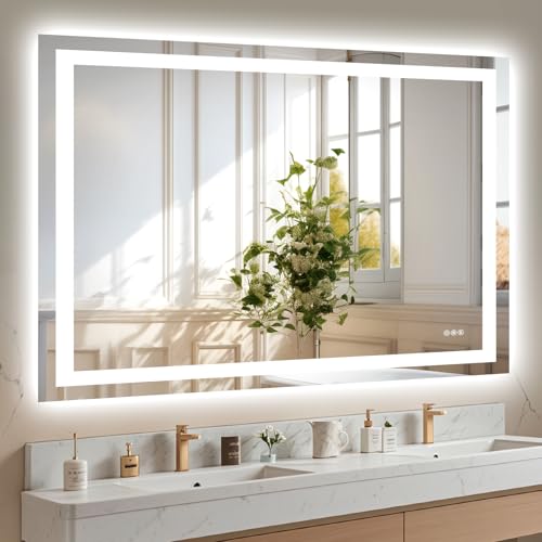 Hivone 48"X40" LED Bathroom Mirror with Lights, Anti-Fog, Dimmable, Backlit + Front Lit, Smart Bathroom Vanity Mirror, Memory Function, Shatterproof, Tempered Glass (Horizontal/Vertical) - size: 48"L x 40"W