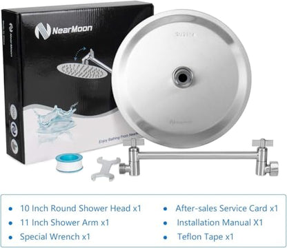 NearMoon Rain Shower Head with 11'' Adjustable Arm, High Pressure Stainless Steel Rainfall Shower, Ultra-Thin Design - Pressure Boosting (10 Inch, Nickel) - color: Nickel, size: 10 Inch