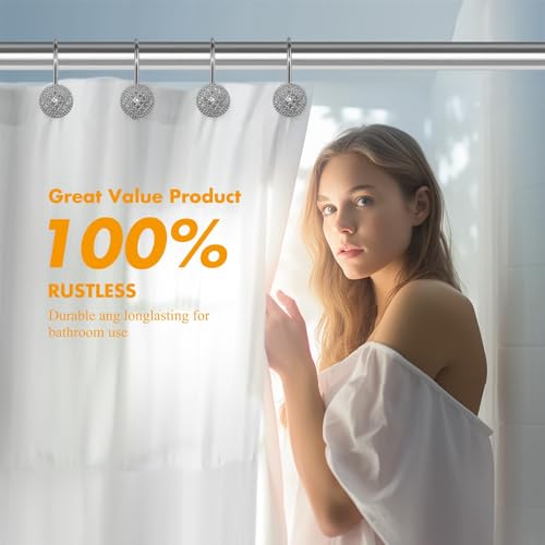 Pearlbee Chrome Shower Curtain Hooks, Round Beaded Design 12Pcs Zinc Alloy | Rustproof heavy duty, 4mm silver zinc alloy,Rrustproof, anti-drop, Smooth glide,Fits shower curtain & liner,Modern Decorative - color: Chrome