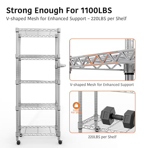 Garvee 61" H Storage Shelves with Wheels 1100LBS Rolling Metal Wire Rack - size: 61"H x 23.6"W x 11.8"D