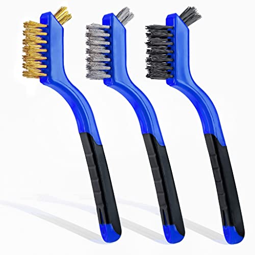 Wire Brush Set 3Pcs - Nylon/Brass/Stainless Steel Bristles with Curved Handle Grip for Rust, Dirt & Paint Scrubbing with Deep Cleaning – 7 Inches (Blue) - color: Blue