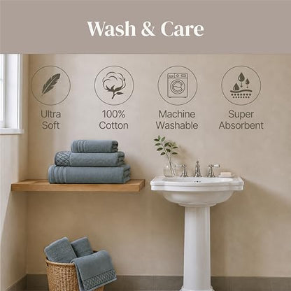 Modern Threads 6 Piece Cotton Bath Towel Set – Ultra Soft 550 GSM Towels – Bathroom Set with Hand Towels and Washcloths – Diamond Border (Sage Mist) - color: Sage Mist, style: Diamond Border