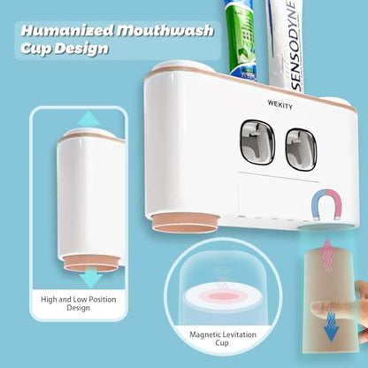 Toothbrush Holder Wall Mounted, WEKITY Multi-Functional Toothbrush and Toothpaste Dispenser for Bathroom, with 5 Toothbrush Slots, 2 Toothpaste Squeezers and 4 Cups(Pink) - color: Pink