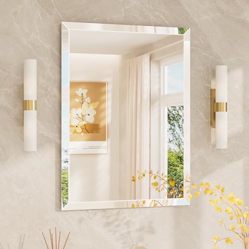 TETOTE 22" x 30" Bathroom Mirror Frameless Tempered Wall Mounted Beveled Mirror for Bathroom - size: 30"L x 22"W