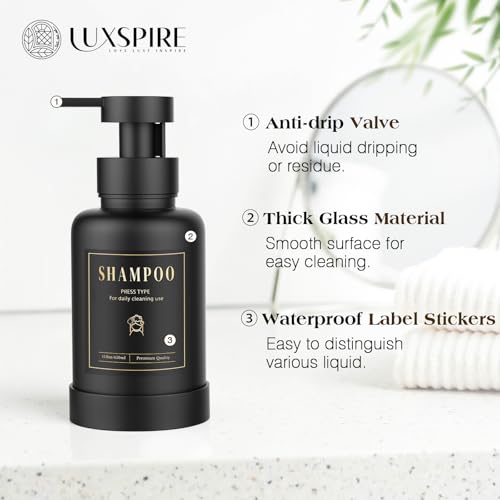 Luxspire Foaming Soap Dispenser 15oz Hand Soap Bottle, Black+White, 2 Pack | Anti-drip pump, wide mouth easy refill, non-slip silicone base, 7 waterproof labels, bathroom and kitchen sink use - color: Black + White