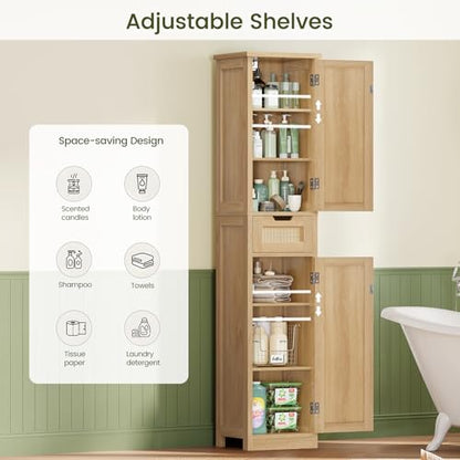 Iwell Tall Bathroom Cabinet, Slim Narrow Storage Cabinet with Adjustable Shelves, Rattan Cabinets with 1 Drawer, for Bathroom, Living Room, Entryway, Kitchen, Nature - color: Natural,1drawer