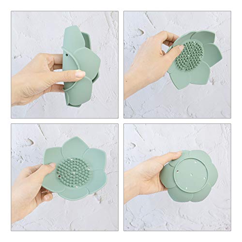 AUEAR, 4 Pack Lotus Flowers Soap Dish with Drain Silicone Holder Non-Slip Flexible Tray for Bathroom Shower - color: White & Grey & Green & Pink, size: 4 Pack