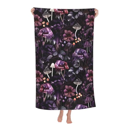 Gothic Dark Botanical Mushroom Beach Towel, 32x52in Microfiber Quick Dry Floral and Fungi Goth Bath Towels, Soft Lightweight Oversized Sand Free, for Travel Pool Swimming Gym Decor, Gifts - color: Botanical