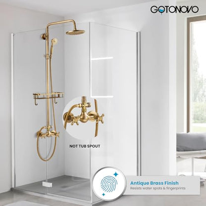 gotonovo Exposed Shower System with Shelf 2 Cross Handle Antique Brass | Bathroom Brass Shower Faucet Set,8’’ Rainfall Head with Handheld Sprayer,SUS304 Shelf,6’’ Hole Distance,Adjustable Height - color: Antique Gold