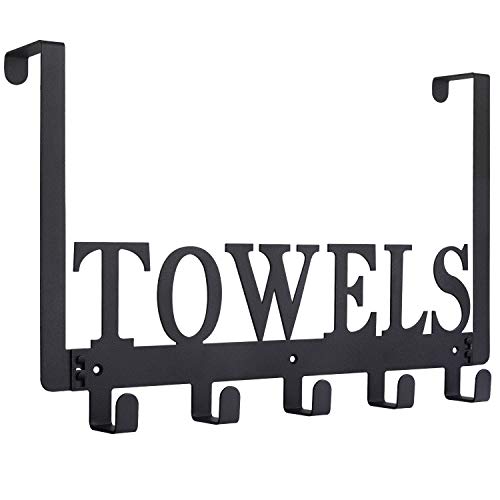 Kuhome Over The Door Hooks, Towel Holder for Bathroom, Door Mount Towel Rack Towel Hooks for Bedroom Beach Towels Bathrobe Wall Mount Hang on The Door Cabinet Cupboard Metal Sandblasted (Black) - color: Black, size: 5 Hooks