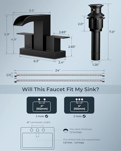 FORIOUS Waterfall Bathroom Sink Faucet 4 Inch Centerset 2 Pack Matte Black | Bathroom Faucets 2 or 3 Hole 4 Inch Two Handles with Pop-up Drain and 24" Supply Lines, for Vanity RV Farmhouse Laundry Room - color: Matte Black x 2