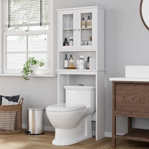 Shintenchi Over the Toilet Storage Cabinet, Bathroom Shelf Organizer with Anti-Tip Device Small Freestanding Space Saver with Adjustable Shelf and Glass Door, White - color: White, size: Glass Door