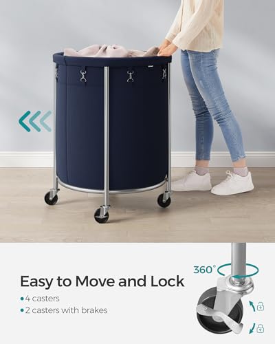 SONGMICS Laundry Basket, Rolling Steel Frame with 2 Locking Wheels, 190 L | Heavy-Duty Laundry Hamper Cart with Removable Bag, Charcoal Blue and Metallic Silver, URLS001Q01 - color: Charcoal Blue + Metallic Silver, size: 190 L (1-Section)