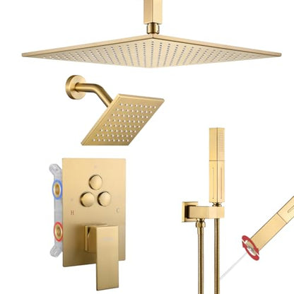 VANFOXLE Shower Faucet Set Brushed Gold Shower System, Push Button Diverter | 12 Inch Ceiling Mount Rain Head Increased Thick, 6 Inch Wall Mount Head, 2-in-1 Handheld Sprayer, Rust Resistant - color: Brushed Gold, style: 12"+6" Head