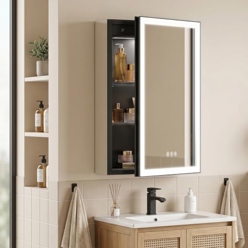 16x24 Black LED Medicine Cabinet with Mirror, Aluminum Frame, Hardwired, Recessed or Wall Mount, Anti-Fog, 3-Color Dimmable Lights, USB-C & USB-A + 2 Outlets, 2 Shelves, Right Hinged - size: 16x24(R)