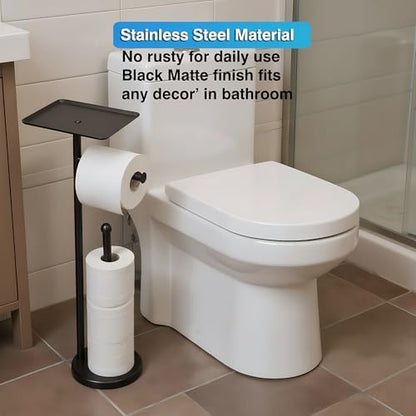 Toilet Paper Holder with Shelf, Freestanding Toilet Paper Stand with Storage Space for Holding Extra 4 Toilet Paper Rolls (Stainless Steel Base, Black) - color: Black