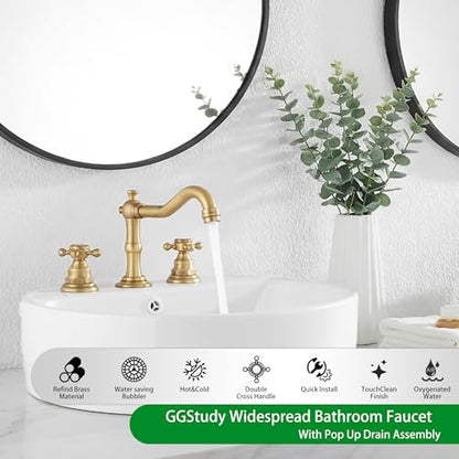 8 inch 2 Handles 3 Holes Widespread Bathroom Sink Faucet Antique Brass Bathroom Vanity Faucet Basin Mixer Tap Faucet Matching Metal Pop Up Drain with Overflow - color: Antique Brass, style: Metal Cover