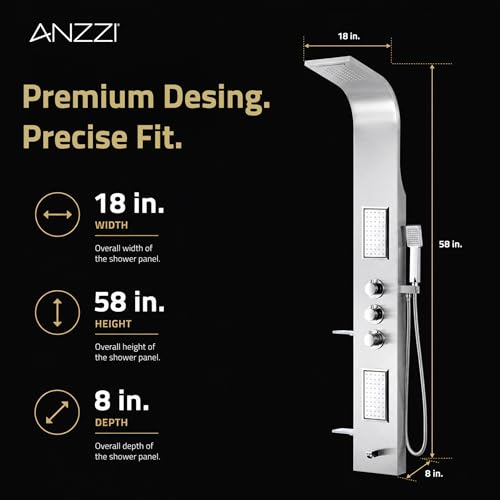 ANZZI Shower Panel Tower, Field 58 Inch Long Turbo High Pressure Shower | Handheld Sprayer Type Free Reign Euro Grip With 60 Reach, Includes One 1 Mesa Full Body One 1 Heavy Rain Head