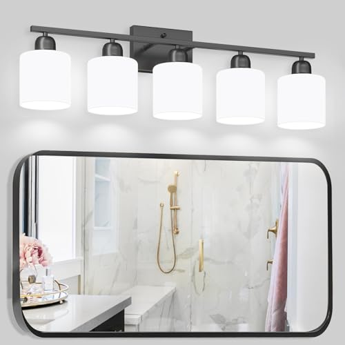 5-Light Black Bathroom Vanity Light, Black Vanity Light with Milky White Frosted Glass Shades, Modern Vanity Light Fixture for Bathroom Mirror, Bedroom, Living Room, Hallway, Vanity Table, E26 Base - color: Black & Milky White Glass, size: 5-Light