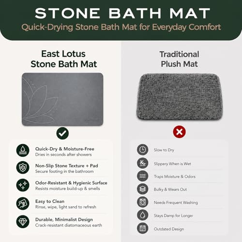 Stone Bath Mat, Diatomaceous Earth, Quick Dry - East Lotus | Non-Slip, Stone Bath Mats for Bathroom, Diatomite, 23.6"x15.4", Luxury Bath Mat - color: East Lotus