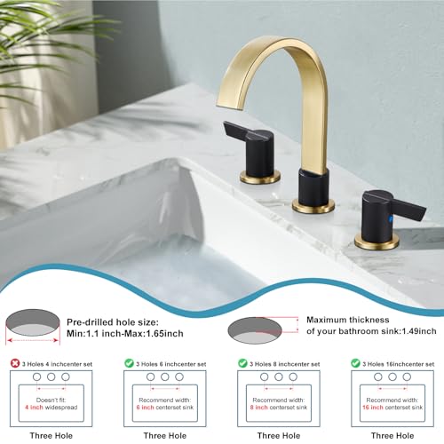 Midanya 8 Inch Widespread Bathroom Sink Faucet 3 Hole,Black and Gold Spout | Waterfall Swivel Spout,2 Handle,SUS304,with Pop Up Drain,cUPC 24" Water Hose,for 6-16” hole distance vanity,RV,Farmhouse Sink - color: Black/Gold Spout