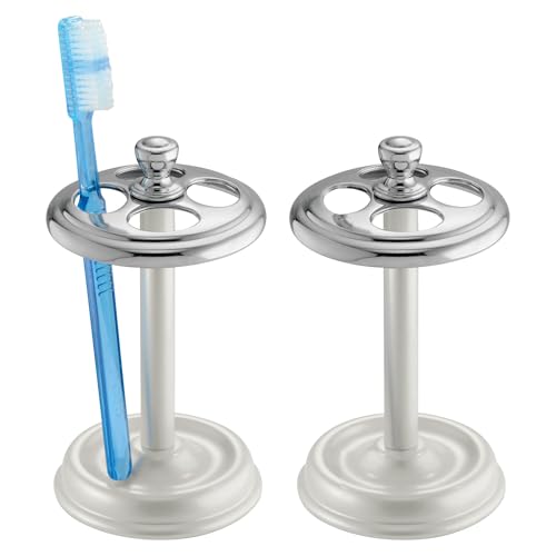 iDesign Toothbrush Holder for Bathroom - 4-Section Toothbrush Stand for Countertop, 2-Pack, White/Chrome - color: Pearl White/Chrome, style: Pack of 2
