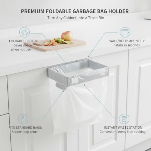 Foldable Wall-Mounted Trash Bag Holder for Cabinet Doors, Space-Saving PP Plastic Garbage Bin Rack for Kitchen & Bathroom Waste Disposal, Gray