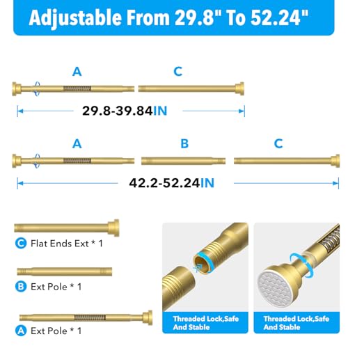 Tension Curtain Rod Gold Tension Rod 28 To 48 Inch Spring Curtain Rods Non Slip Tension Rods 2pcs For Windows No Drilling Adjustable Tension Rods of Curtains Window Closet Kitchen Wardrobe - color: Gold, size: 28-48 inch 2pcs