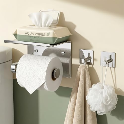 Tindbea Toilet Paper Holder with Phone Shelf + Towel Robe Hooks, Adhesive or Screw Wall Mounted Toilet Paper Roll Storage, Stainless Steel Bathroom Tissue Roll Holder (Polished Chrome) - color: Polished Chrome, size: Regular