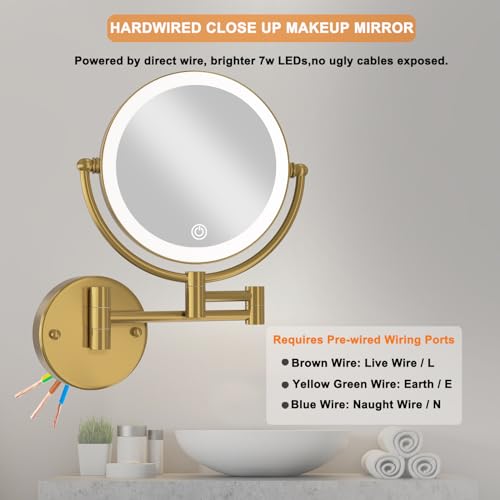 8" Lighted Magnifying Makeup Mirror Wall Mounted, Brushed Moderne Brass | 1X/10X Double Sided, 3 LED Color Touch Dimmable, 360 Swivel Gold Extendable Arm Vanity Shaving for Bathroom, Rechargeable - color: Brushed Moderne Brass