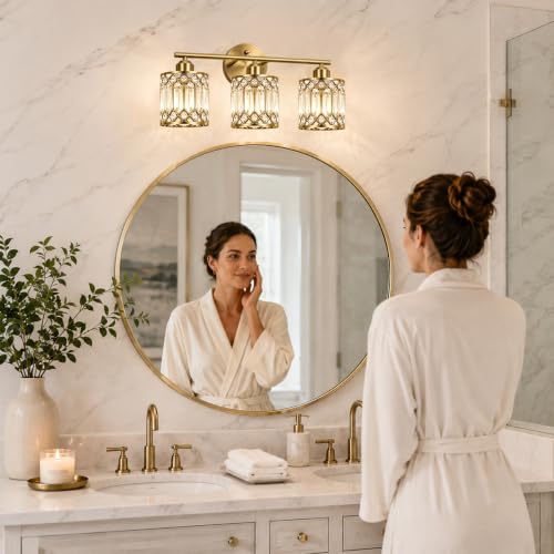 Lxybcce Brushed Antique Brass 3-Light Bathroom Vanity Light, 19 in Modern Crystal Bathroom Lighting Fixtures Over Mirror, E26 Hardwired Bathroom Wall Sconce - color: Gold, size: 19in