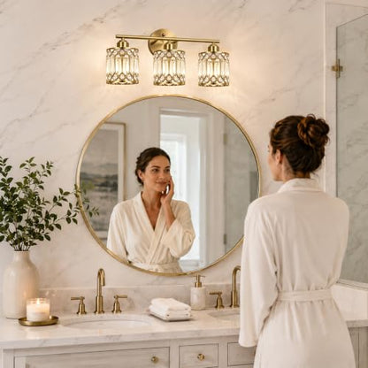 Lxybcce Brushed Antique Brass 3-Light Bathroom Vanity Light, 19 in Modern Crystal Bathroom Lighting Fixtures Over Mirror, E26 Hardwired Bathroom Wall Sconce - color: Gold, size: 19in