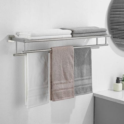 Towel Rack with Shelf 32 Inch Double Towel Racks for Bathroom Brushed Nickel Bath Towel Holder SUS304 Stainless Steel Towel Rack Wall Mounted Modern Towel Hanger - color: Brushed Nickel, size: 32 Inch/ 80cm