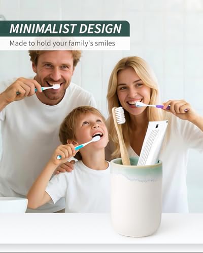 BosilunLife Ceramic Toothbrush Holder - 12oz Bathroom Toothbrush Holder Tooth Brush Holders Tumbler Cups Reusable Toothbrush Mouthwash Cup Small Toothbrush and Toothpaste Holder, White with Blue-Green - color: White With Blue-green-cyl, size: cylinder