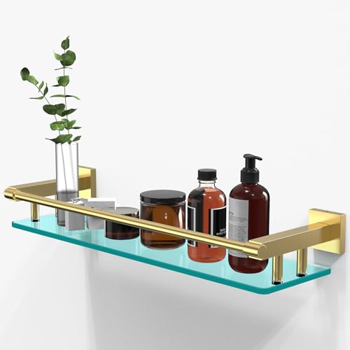 Glass Shelf for Bathroom, 20 Inch Tempered Glass with Brushed Gold Stainless Steel Railing, Floating Glass Shelves Sink Over Toilet Modern Bathroom - color: Brushed Gold, size: 20'' with Railing