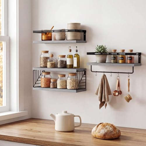 Fixwal Wall Mounted Bathroom Shelves Over Toilet (3+1 Gray) | Wall Shelf with Basket Storage , Towel Bar, Solid Wood, 22Lb Capacity, Easy DIY Install - color: 2-gray