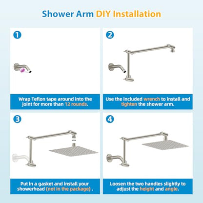 All-Metal 16" Shower Head Extension Arm, G1/2" Universal, Brushed Nickel | Flexible Brass Shower Head Extender Adjustable Height/Angle, Stainless Steel Rain Shower Pipe Height Extended with Lock Joint - color: Brushed Nickel, size: 16 Inch