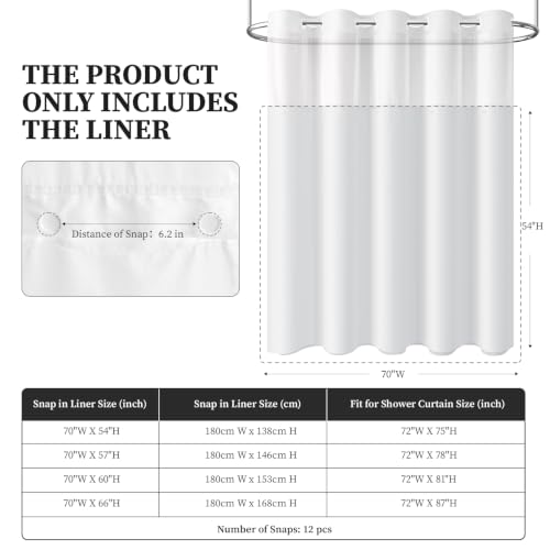 White Waterproof Fabric Snap-in Shower Curtain Liner Replacement 70x54 | Machine Washable & Hotel Quality, 1 Pack Detachable Soft Durable Premium Cloth Shower Curtain Liner with 3 Weighted Magnets - size: 70"W x 54"L (Pack of 1)