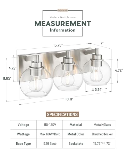 Bathroom Light Fixtures, 3-Light Brushed Nickel Vanity Light, Modern Wall Sconces with Globe Clear Glass Shade, Vanity Lighting Fixtures Over Mirror, VL195-BN-CL-3 | 18" modern bathroom light fixtures over mirror, E26 base, bulbs not included, VL195-BN-CL