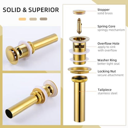 Angle Simple Pop Up Sink Drain Stopper with Overflow, Deep Titanium Gold | Brass Bathroom Sink Stopper Replacement, Fits Lavatory & Vanity Sink with 1.61 to 2 Inches Drain Hole - color: Deep Titanium Gold
