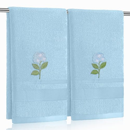 SmoothNovelty 2 Pcs Hydrangea Flower Hand Towels Dusty Blue Bathroom Decor 14x29 Inch Embroidered 100% Cotton Soft Absorbent Spring Summer Decorative Hand Towels for Bathroom Kitchen - style: Hydrangea Flower