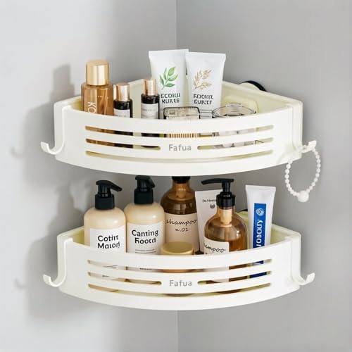 Corner Shower Caddy Suction Cup, No-Drilling Hanging Suction Shower Shelves with Hooks, Waterproof & Rustproof Removable Shower Organizer for Bathroom Storage, 2Pack - color: Suction Up Beige Corners -2pack