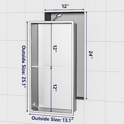 Qeke 12" x 24" Stainless Steel Shower Niche w/Double Shelves, Brushed Nickel - color: Brushed Nickel, size: 12X24"