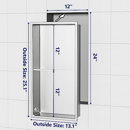 Qeke 12" x 24" Stainless Steel Shower Niche w/Double Shelves, Brushed Nickel - color: Brushed Nickel, size: 12X24"
