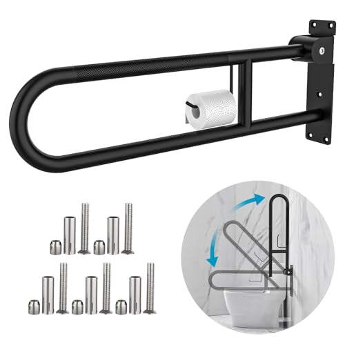 Toilet Grab Bar 32 Inch Black, Munzong Anti-Slip Handicap Grab Bars with Paper Holder, Flip-Up Bathroom Safety Rails, Stainless Steel Knurled Support handrails for Seniors Elderly Disabled Pregnant - color: Black, size: 32 Inch