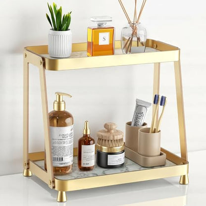 2-Tier Acrylic Bathroom Vanity Organizer, Gold | Bathroom Counter Storage Shelf with Marble-Look Tray, Holds Cosmetics, Perfume, Makeup & Skincare Products - color: Gold