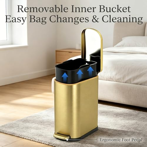ELPHECO Bathroom Trash Can with Lid 3.5Gal Stainless Steel Step Garbage Can | 13.5 Litre Stainless Steel Pedel Garbage Can with Removable Inner Bucket, Wastebasket for Bathroom, Office, Bedroom, Gold - color: Gold